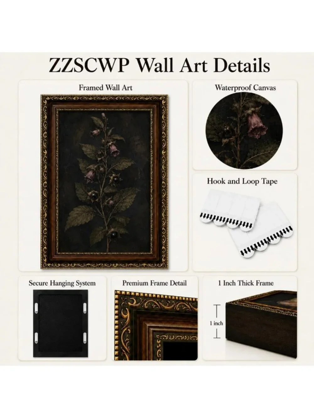 Moody Floral Wall Art - Vintage Gold Framed Dark Botanical Decor for Home